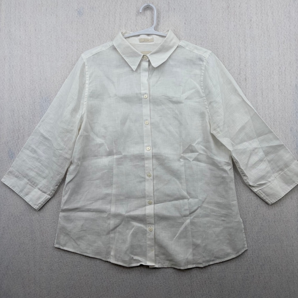 Chicos No-Iron White 100% Linen Button Down Shirt 3/4 Sleeve Size 1 Medium
